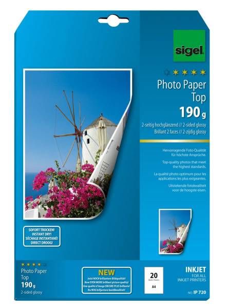 InkJet Fotopapier A4 190g,glossy, weiss 20 Blatt SIGEL IP720